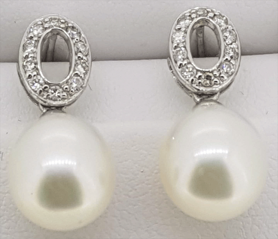 9ct White Gold Diamond and cultured Pearl drop earrings