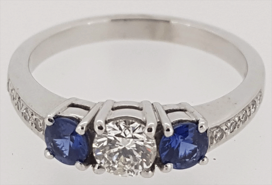 Platinum Diamond and Sapphire 3 Stone Ring