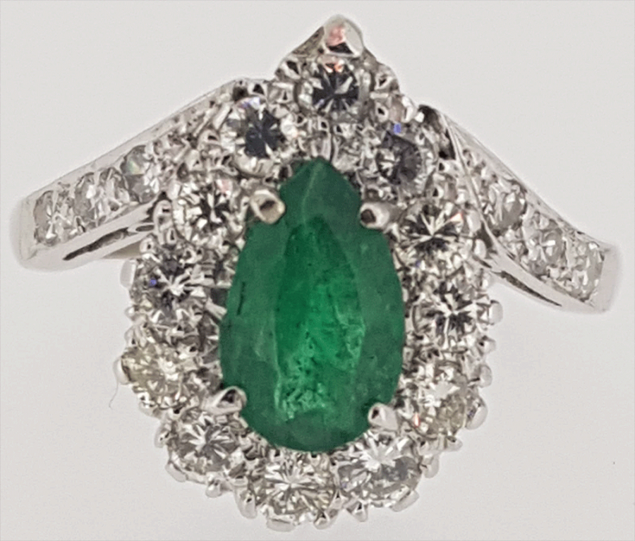 18ct White Gold Pear Cut Emerald and Diamond Ring