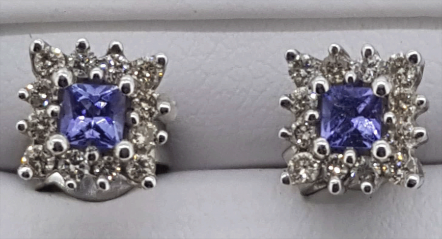 9ct white gold Tanzanite and Diamond square cluster stud earrings