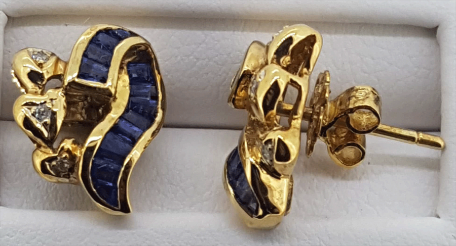 9ct yellow gold  Sapphire and Diamond fancy scroll stud earrings