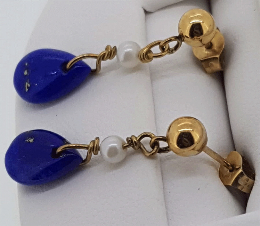 9ct yellow gold cultured Pearl and Lapis Lazuli drop earrings - Image 2