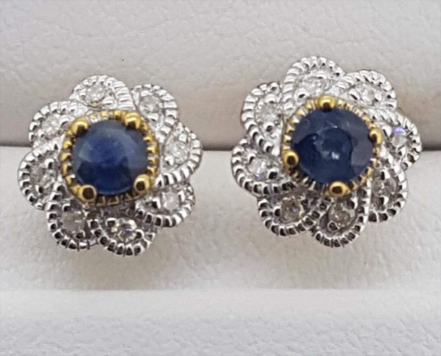 9ct yellow gold and white gold  Sapphire and Diamond cluster stud earrings