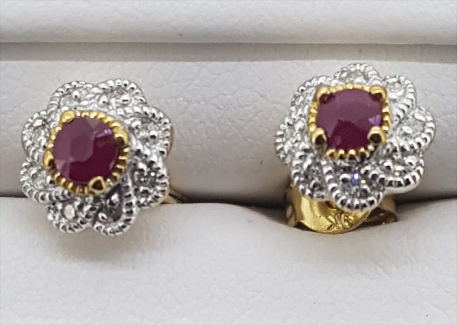 9ct yellow gold and white gold Ruby and Diamond cluster stud earrings