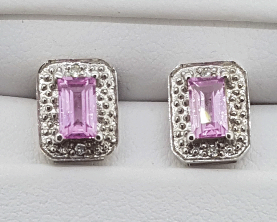 9ct white gold pink Topaz and Diamond rectangle stud earrings