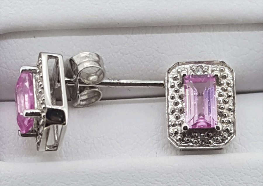 9ct white gold pink Topaz and Diamond rectangle stud earrings - Image 2