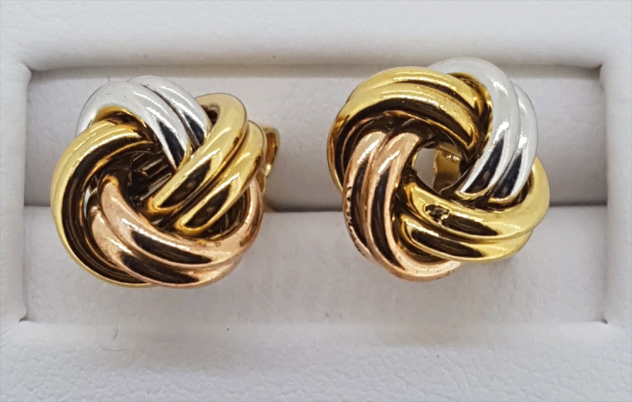 9ct 3 colour gold large knot stud earrings