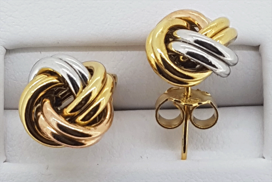 9ct 3 colour gold large knot stud earrings - Image 2