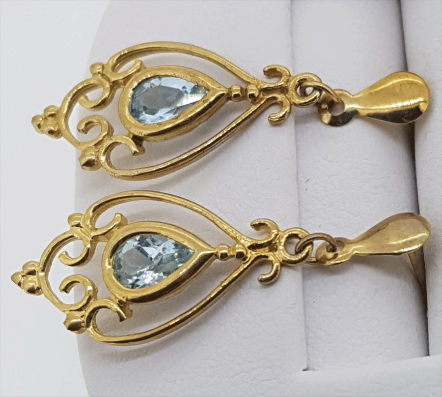 9ct yellow gold filigree blue topaz drop earrings - Image 2